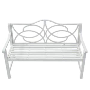 White Iron Metal Steel Frame Outdoor Patio Bench with Backrest and Armrest for Garden, Park, Balcony and Porch