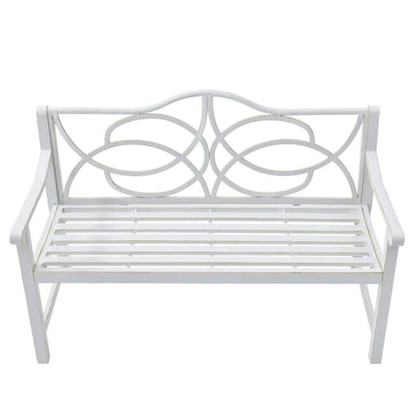 Angel Sar White Iron Metal Steel Frame Outdoor Patio Bench with Backrest and Armrest for Garden, Park, Balcony and Porch