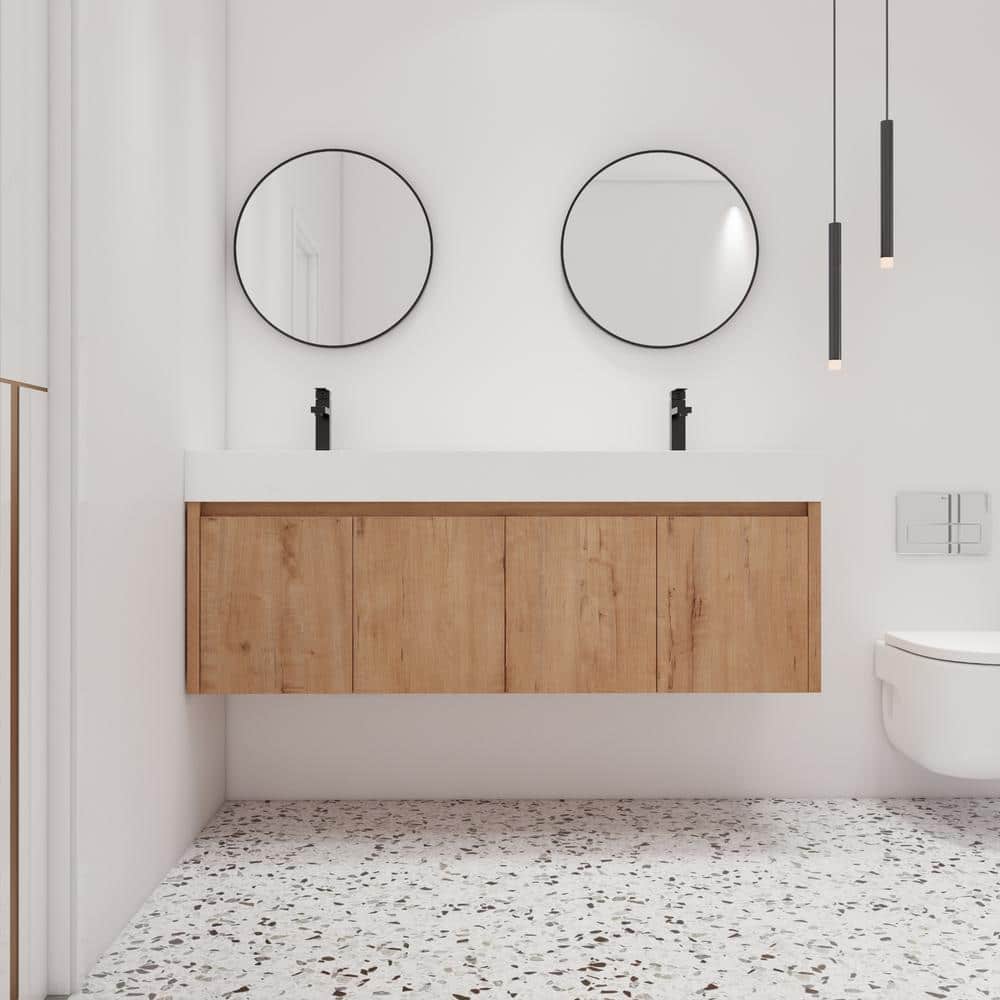 59.1 in. W x 18.1 in. D x 22.4 in. H Wall-Mounted Bath Vanity in Light Brow