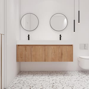 59.1 in. W x 18.1 in. D x 22.4 in. H Wall-Mounted Bath Vanity in Light Brown with White Resin Vanity Top