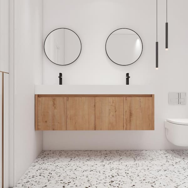ARTCHIRLY 59.1 in. W x 18.1 in. D x 22.4 in. H Wall-Mounted Bath Vanity in Light Brown with White Resin Vanity Top