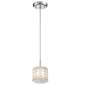 1-Light Chrome Mini Pendant with Clear Beads and Inside Sand Blasted Glass Shade