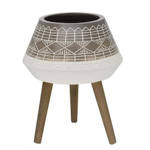 Mid-Century 18 in. Fiberglass Pot with Wood Stand Planter