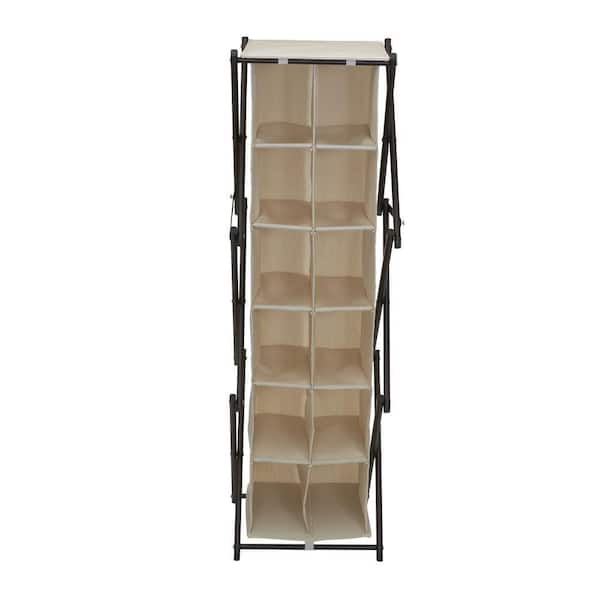 HOUSEHOLD ESSENTIALS 44.5 in. H 12-Pair Natural Sturdy Folding Frame, Poly-Cotton Blend Fabric Shoe Rack