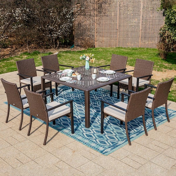 PHI VILLA Black 9-Piece Metal Patio Outdoor Dining Set with Cast ...