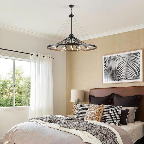 12-Light Black Circle Candle Design Wagon Wheel Chandelier Sputnik Linear Chandelier Lighting for Dining Room