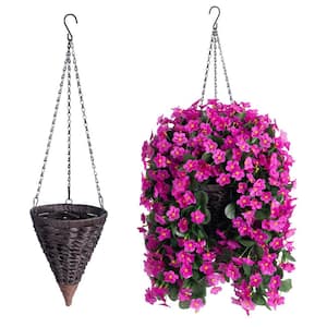 16 .9 in. H Red Fake Hanging Plants with Baskets, Artificial Flower Hanging Silk Orchid Plant
