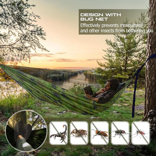 9.5 ft. Camping Portable Lightweight Nylon Parachute Hammocks with Mosquito Net and 10 ft. Tree Straps in Camouflage H2PH005OT269 The Home Depot