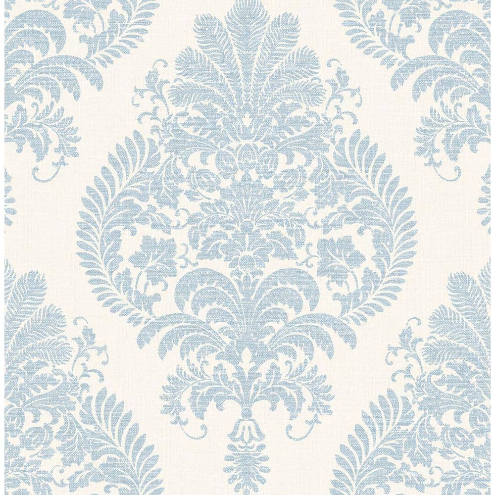Antigua Damask Blue Frost and Bone White Wallpaper