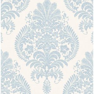Luxe Retreat 27 in. x 27 ft. Blue Frost and Bone White Antigua Damask Unpasted Wallpaper