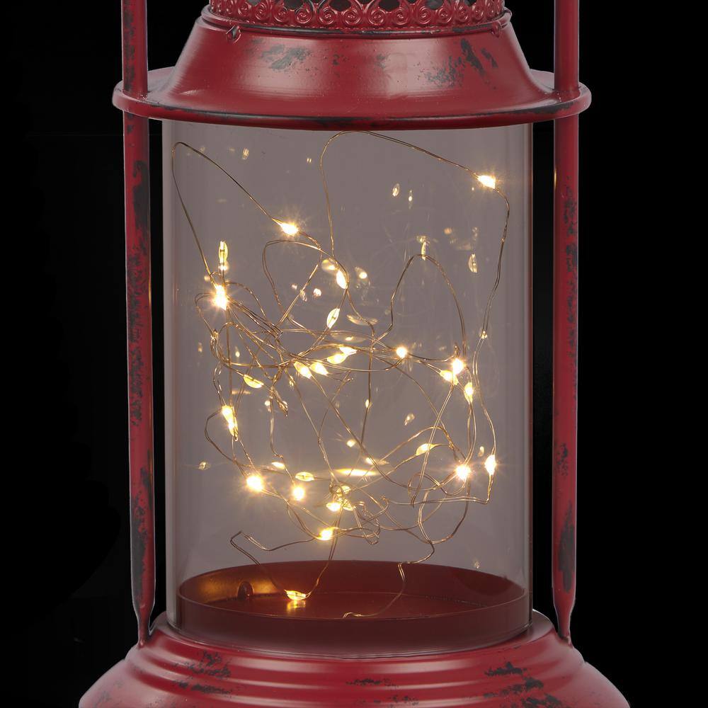 Red Antique Metal and Glass Lantern with Warm LED Lights