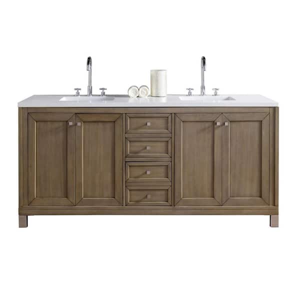James Martin Vanities Chicago 72.0 in. W x 23.5 in. D x 33.8 in. H Bathroom Vanity in Whitewashed Walnut with White Zeus Quartz Top