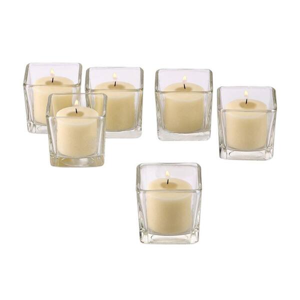 Light In The Dark Square Clear Glass Votive Candle Holders with Ivory Votive Candles (Set of 12)