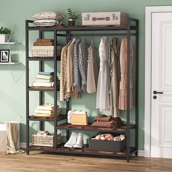 Tribesigns L Shaped Garment Rack, Heavy Duty Corner Closet Organizer with  Hanging Bars, Storage Shelves and Hooks, Rustic Brown 