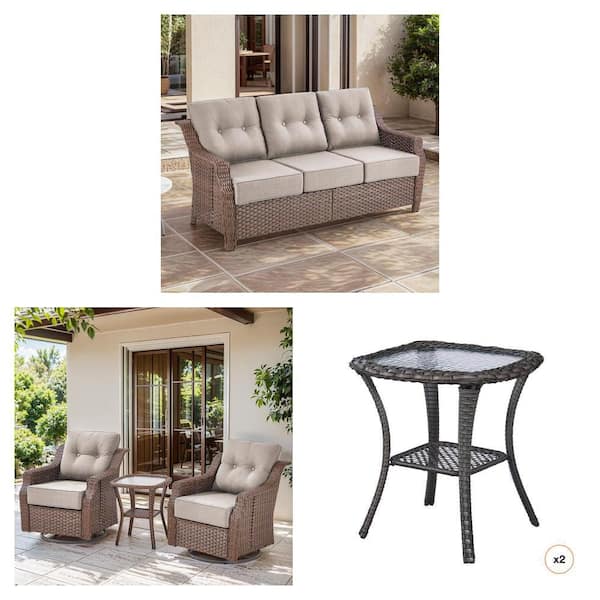 Wicker Patio Sofa with Cushions, Swivel Rocking Chair with Cushions and Glass Side Table