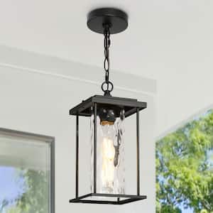 14.2 in. Modern Black 1-Light Outdoor Pendant Light with Wavy Glass Shade Porch Ceiling Light Transitional Shaded Light