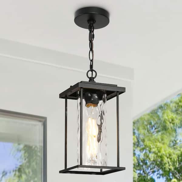 LNC 14.2 in. Modern Black 1-Light Outdoor Pendant Light with Wavy Glass Shade Porch Ceiling Light Transitional Shaded Light