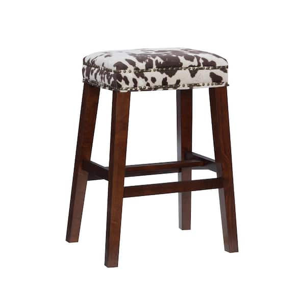 Linon Home Decor Benjamin 30 in. Brown Backless Wood Bar Stool with Cow Printed Polyester Seat