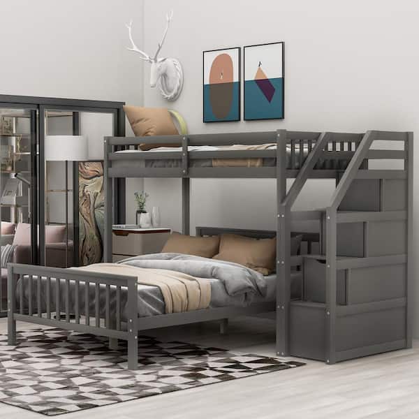 Gray Twin Over Full Loft Bed, Top Bunk Bed Only With Storage