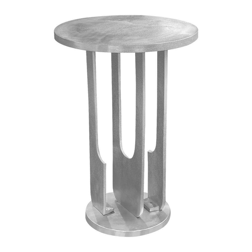 THE URBAN PORT Cyrus 12 in. Glossy Silver Round Aluminum Accent Side Table with Textured Top and Arched Cut Out