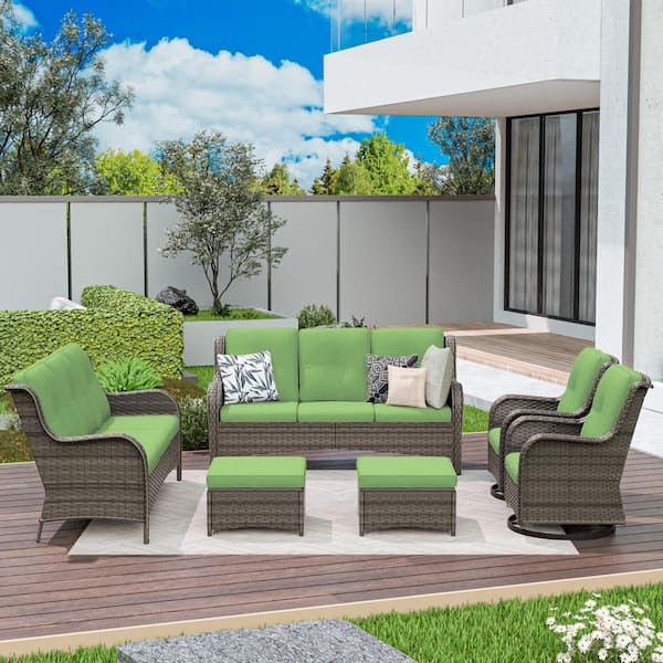 Brown 6-Piece Wicker Patio Conversation Set Rattan Seating Set with Green Cushion