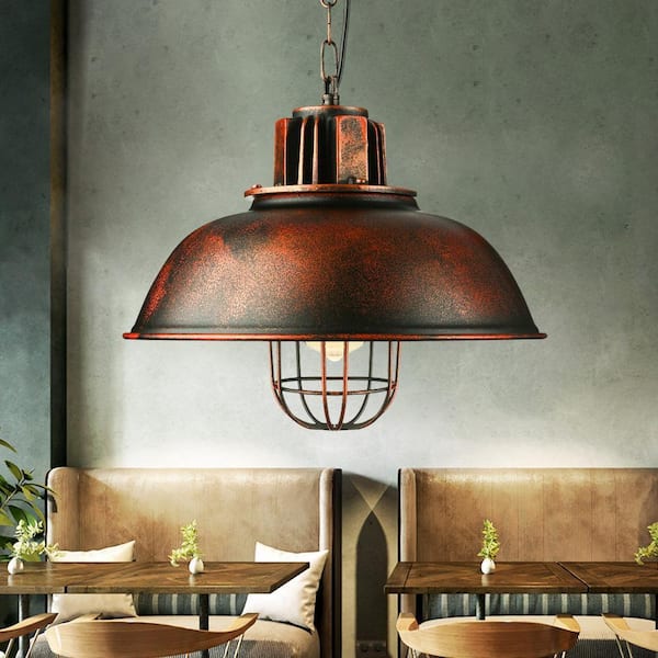 OUKANING 1-Light Rust Retro Farmhouse Industrial Cage Pendant