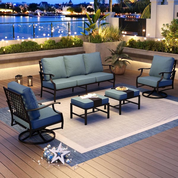 Black 5-Piece Metal Meshed 7-Seat Outdoor Patio Conversation Set with Denim Blue Cushions,2 Swivel Chairs and 2 Ottomans