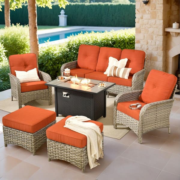 Gerbera B 6-Piece Wicker Patio 42 in. Fire Pit Conversation Set with Ottomans and Orange Red Cushions