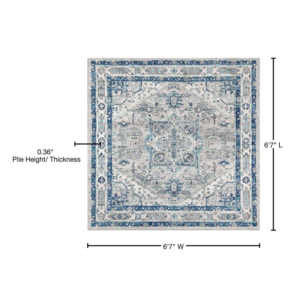 Modern Vintage Medallion 8' Square Area Rug in Light Grey/Blue