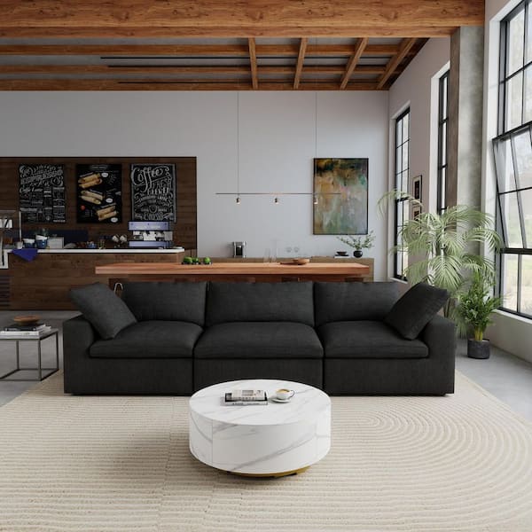 Unbranded Modular 120.45 in. Deep Seat Linen Rectangle Sectional Sofa with Removable Covers and Cushions in. Black 3-Seater