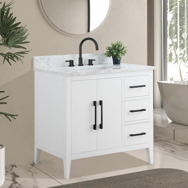 36 in. W x 22 in. D x 34 in. H Single Sink Bathroom Vanity Cabinet in White with Engineered Marble Top in White