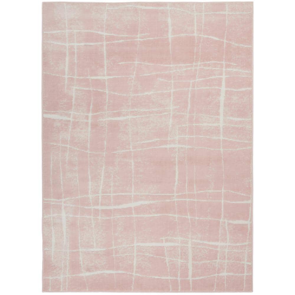 Ivory and Pink Abstract Synthetic 6' x 9' Area Rug