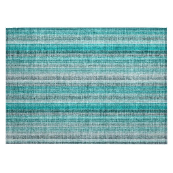 Teal and Gray 2 ft. x 3 ft. Woven Striped Rectangle Indoor/Outdoor Area Rug