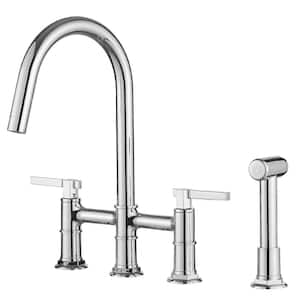 Double Handle 4-Holes Deck Mount Bridge Kitchen Faucet with Side Sprayer Sink Faucet 360 Swivel Spout in Polished Chrome