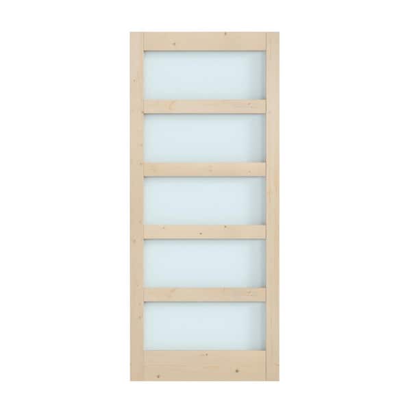 36 in. x 84 in. 5-Lite Tempered Frosted Glass Solid Core Spruce Wood Sliding Barn Door with Hardware Kit
