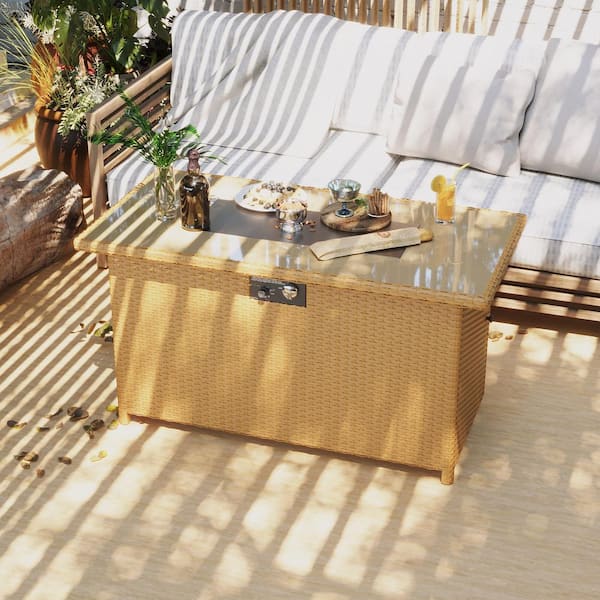 UPHA 43 in. 40,000 BTU Rectangle Yellow Rattan Outdoor Fire Pit Table with Glass Wind Guard