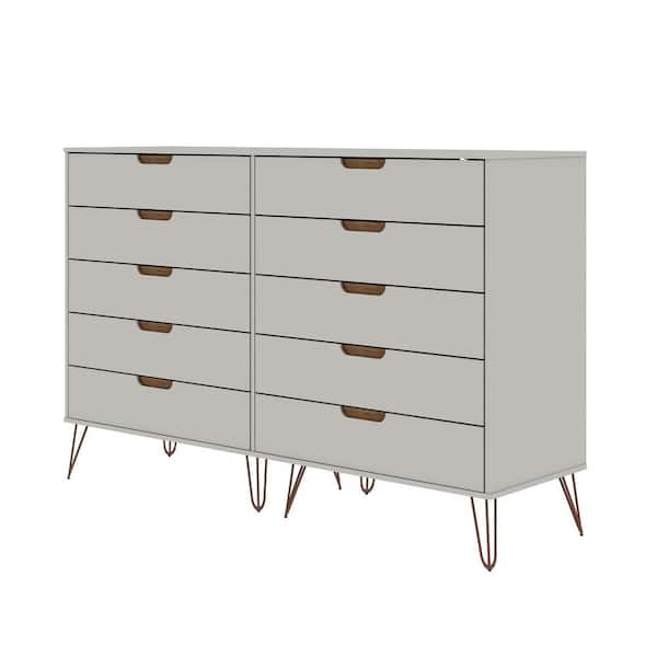 Manhattan Comfort Rockefeller 10-Drawer Off-White and Nature Double Tall Dresser (44.57 in. H x 69.72 in. W x 19.02 in. D)