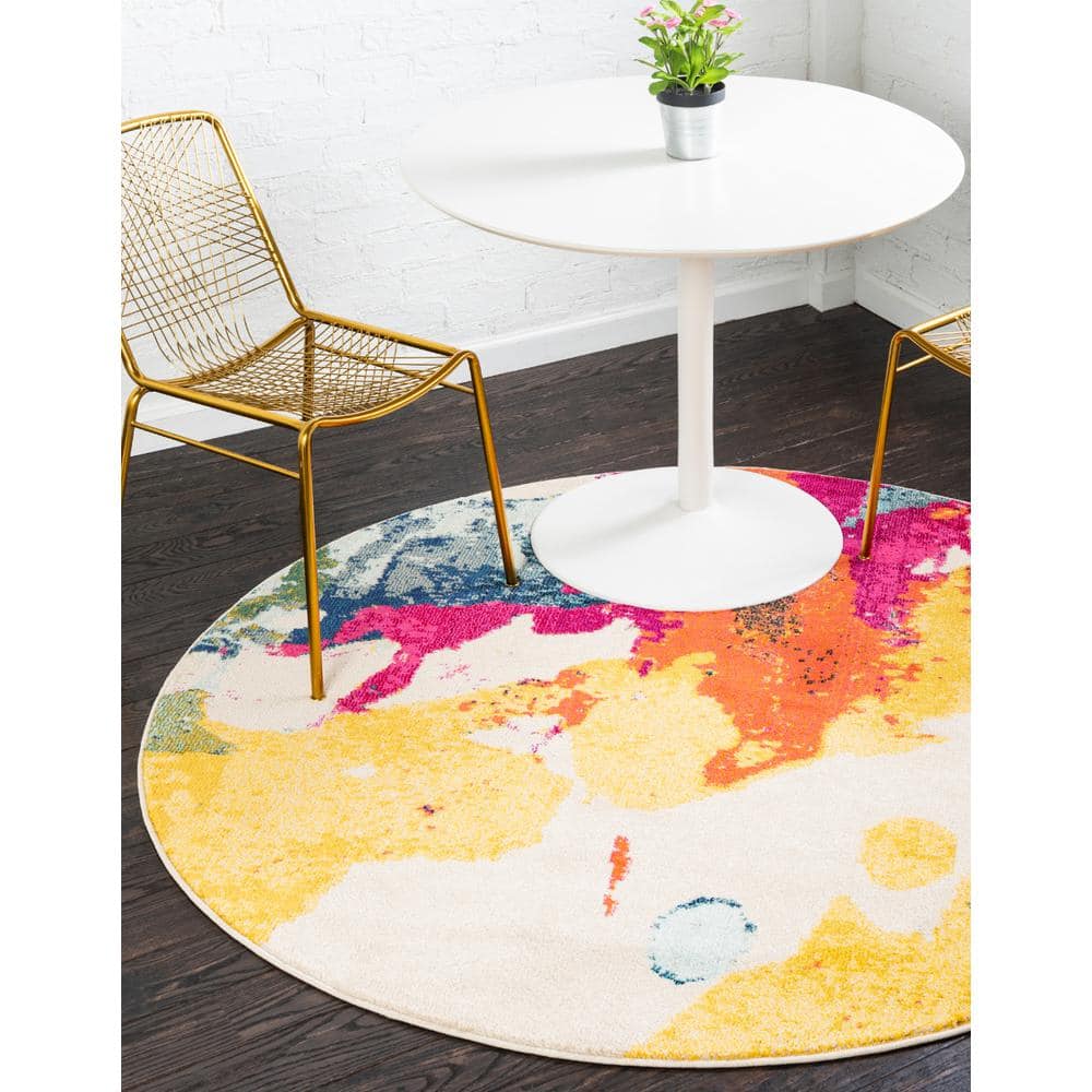 Abstract Blue and Beige Synthetic Round Rug for Easy Care