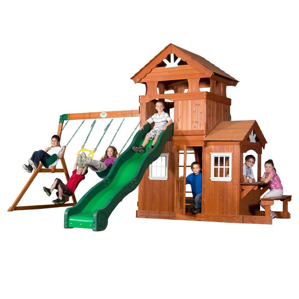 Shenandoah Cedar Wood Swing Set with Green Slide and Playhouse