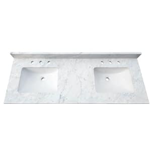 61 in. W x 22 in. D x 1 in. H Bianco Carrara White Marble Double Basin Vanity Top with White Basins