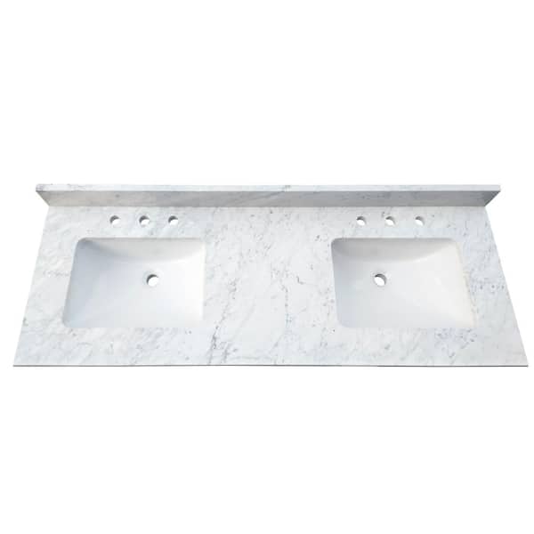TILE & TOP 61 in. W x 22 in. D x 1 in. H Bianco Carrara White Marble Double Basin Vanity Top with White Basins