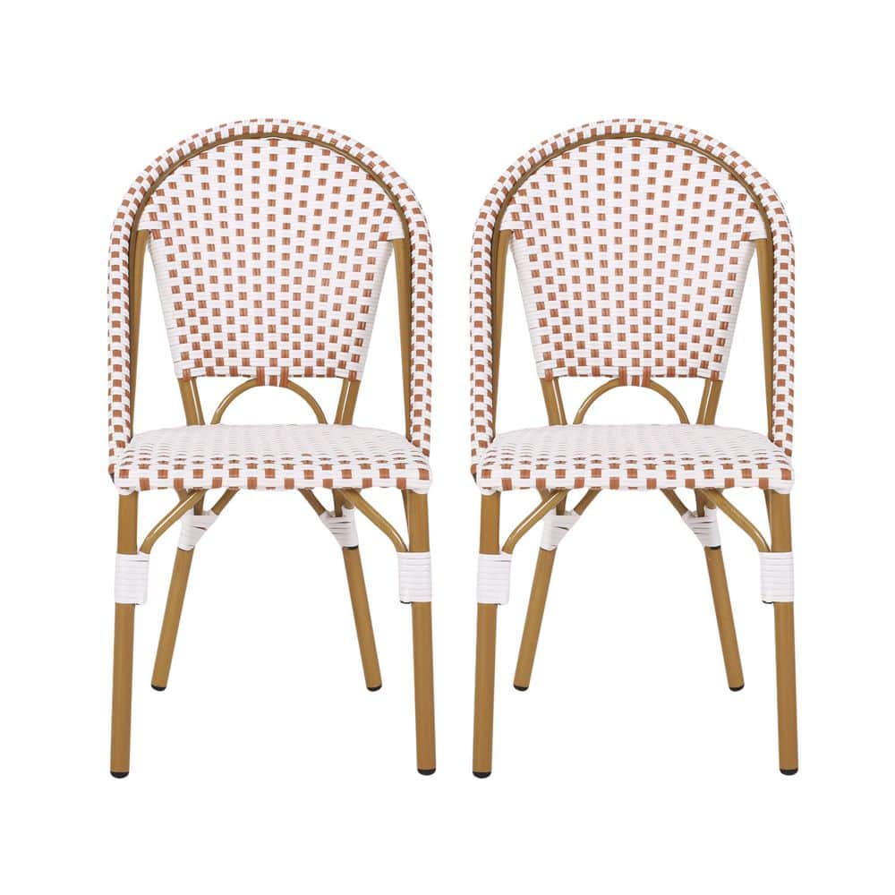 Rust Orange and White Bamboo Print Armless Outdoor Bistro Chairs, Set of 2
