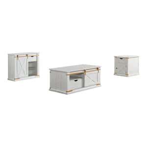 Sueli 3-Piece 48 in. Antique White and Gold Rectangle Wood Coffee Table Set with Barnyard Design