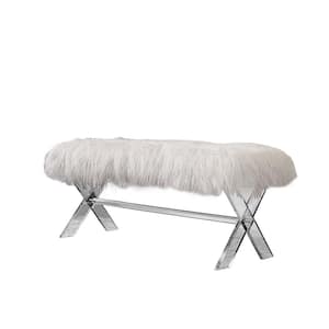 Alexandria 43 in. Cross X Leg White Fur Upholstered Bench/Ottoman