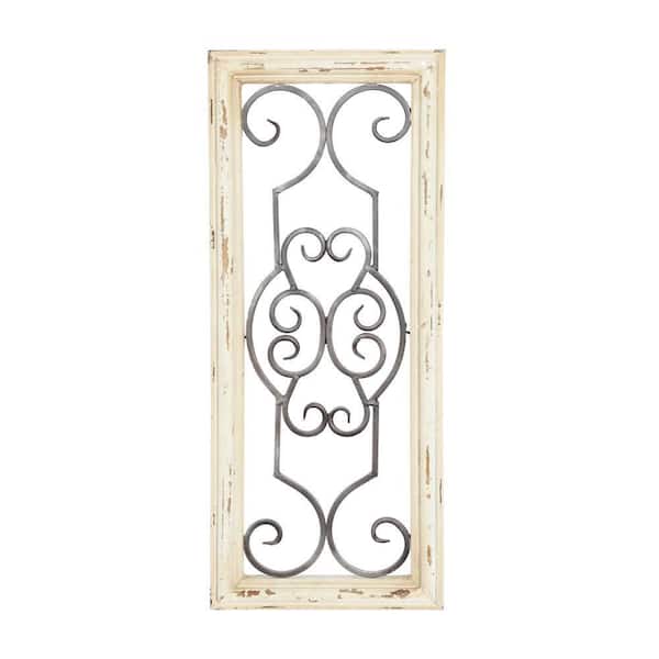 Litton Lane 10 in. x  25 in. Wood White Window Inspired Scroll Wall Decor with Metal Scrollwork Relief