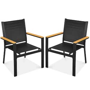 Set of 2 Black Textilene Chairs with Tan Armrests, Steel Conversation Accent Furniture for Patio