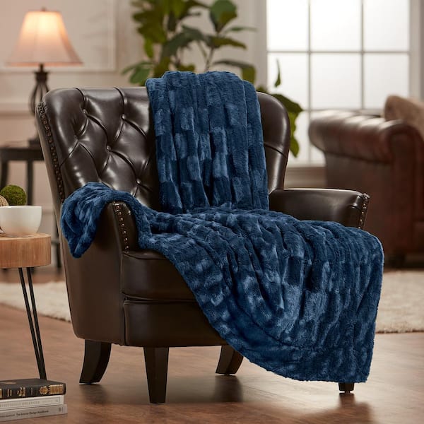 Embossed Blue Faux Fur Polyester Sherpa Shearling Throw Blanket - 50 in. x 65 in.