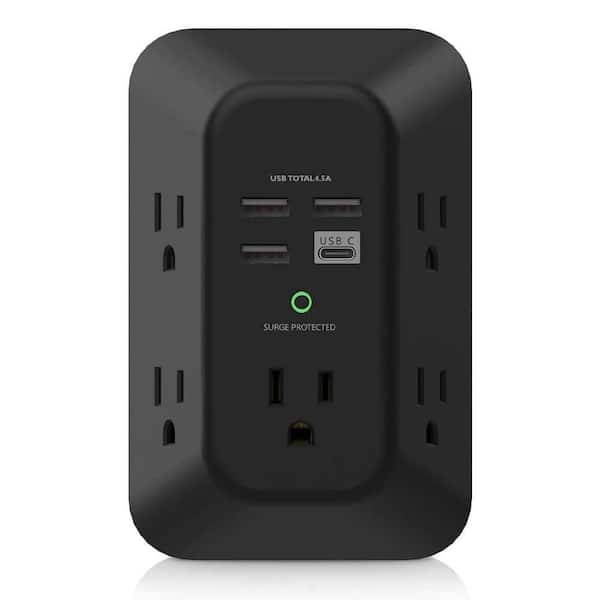 Yichuhaoxi 5-Outlet Extender Wall Charger with 4-Ports USB A, 1-Port USB C, Surge Protector, 3-Sided, 1800J, Black