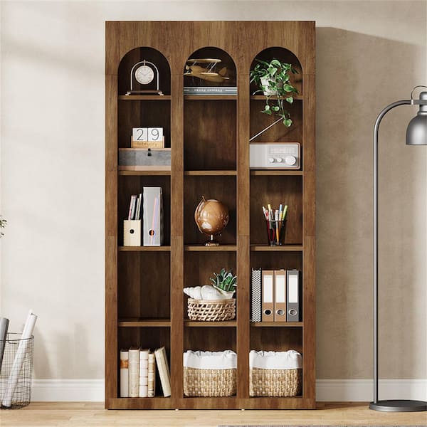 Eulas 71 in. Tall Vintage Brown Wood 5-Shelf Bookcase, Arched Bookshelf Freestanding Display Shelf for Home Office