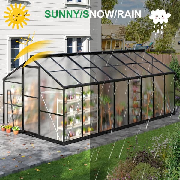 8 ft. W x 16 ft. D Greenhouse for Outdoors, Polycarbonate Greenhouse with Quick Setup Structure and Roof Vent, Black